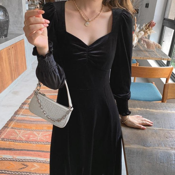 【Final Sale】Classic Velvet Touch Slit Dress