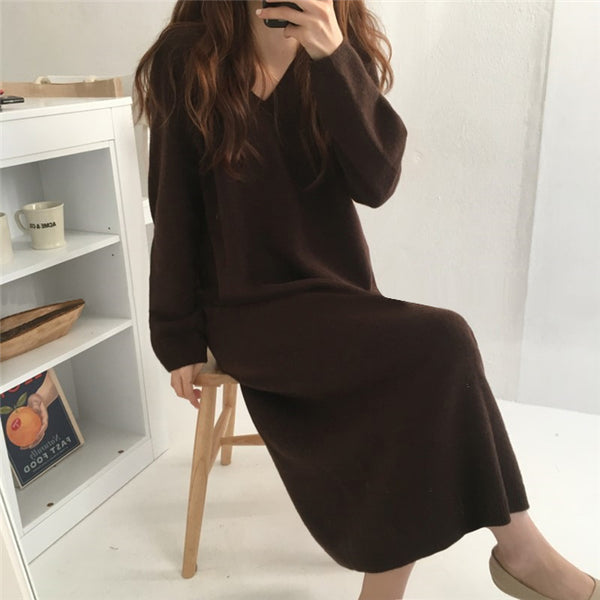 【Final Sale】V-Collar Long Knit Dress