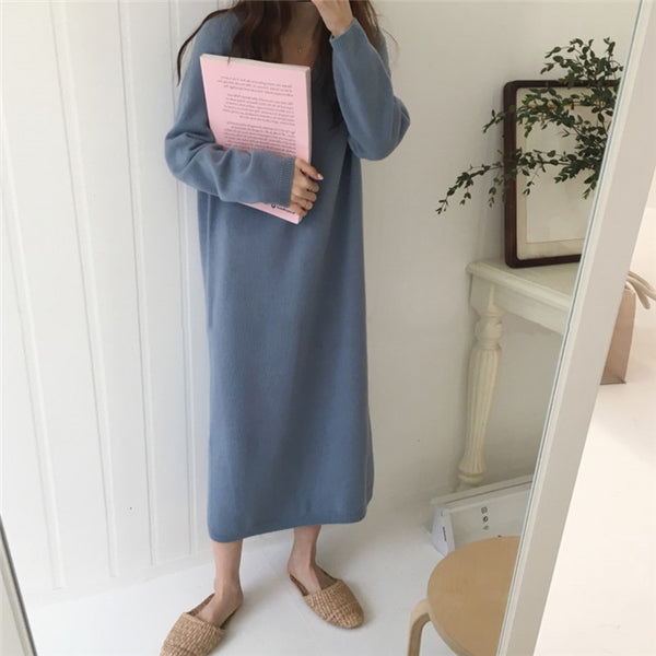 【Final Sale】V-Collar Long Knit Dress