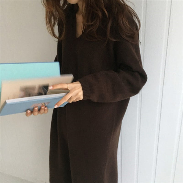 【Final Sale】V-Collar Long Knit Dress