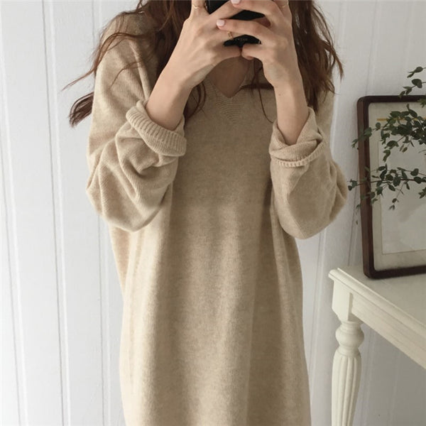 【Final Sale】V-Collar Long Knit Dress