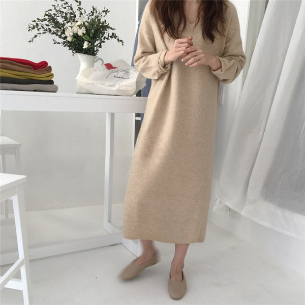 【Final Sale】V-Collar Long Knit Dress