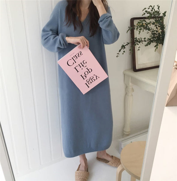 【Final Sale】V-Collar Long Knit Dress