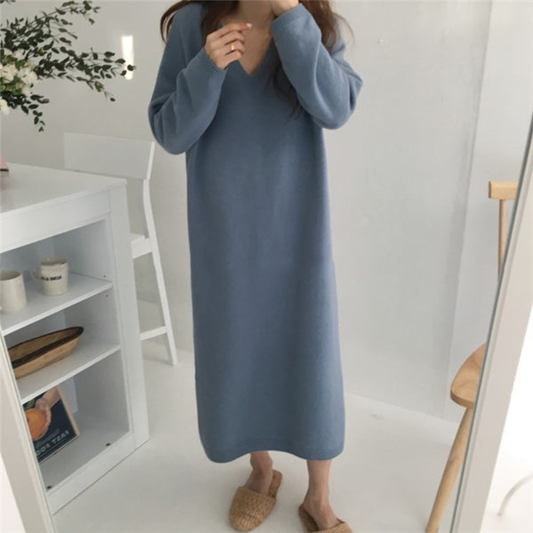 【Final Sale】V-Collar Long Knit Dress