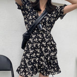 Korean Style Vintage Floral Print V Neckline Dress