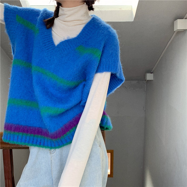 【Final Sale】College Style Striped Knit Sweater Vest