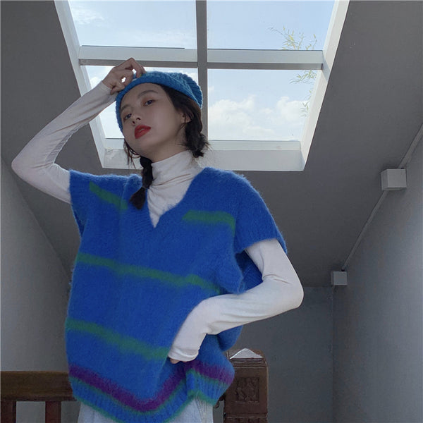 【Final Sale】College Style Striped Knit Sweater Vest