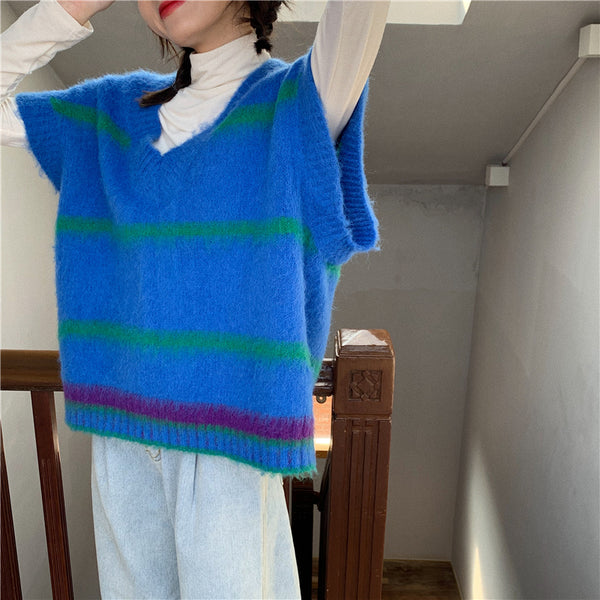 【Final Sale】College Style Striped Knit Sweater Vest