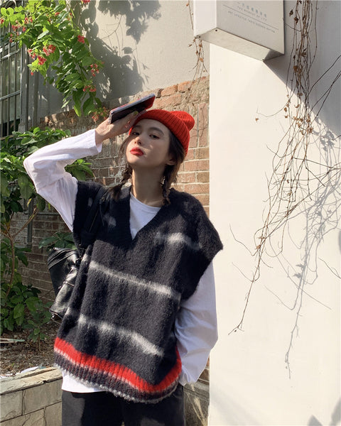 【Final Sale】College Style Striped Knit Sweater Vest