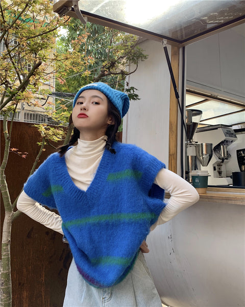 【Final Sale】College Style Striped Knit Sweater Vest