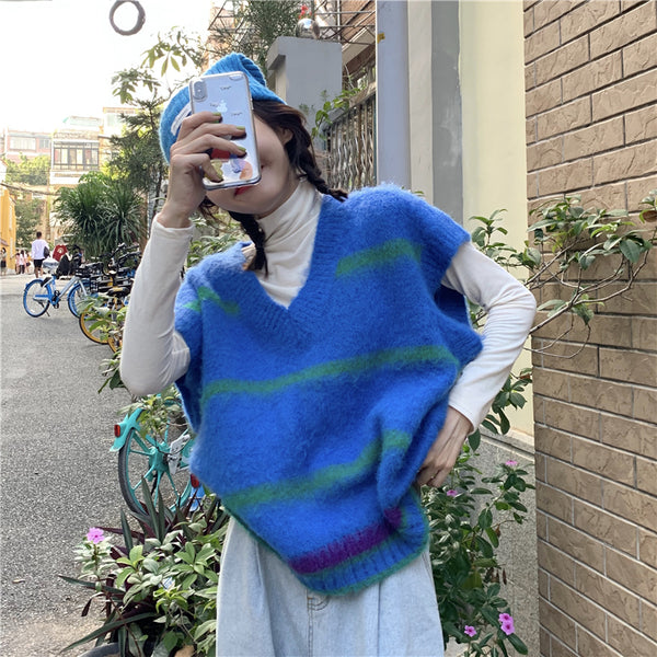 【Final Sale】College Style Striped Knit Sweater Vest