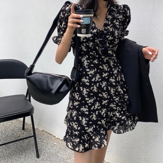 Korean Style Vintage Floral Print V Neckline Dress