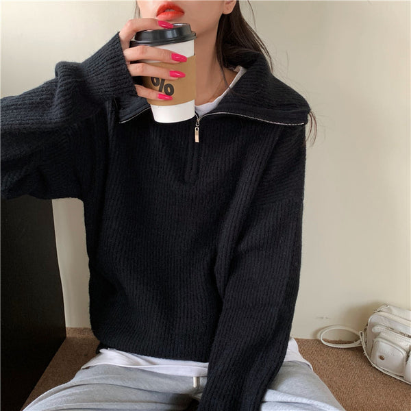 【Final Sale】Stand Collar Zipper Sweater