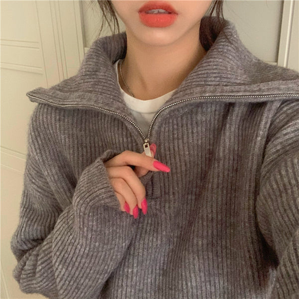 【Final Sale】Stand Collar Zipper Sweater