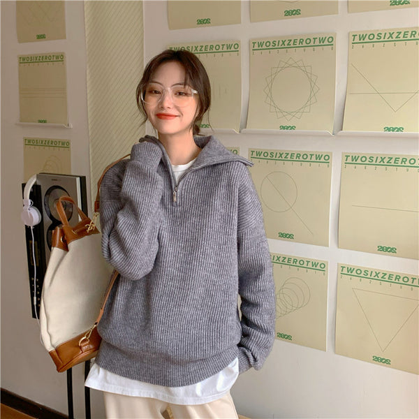 【Final Sale】Stand Collar Zipper Sweater