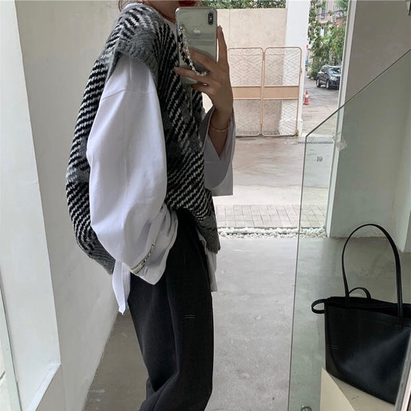 【Final Sale】V-neck Oversized Grid Vest+Long Sleeves Top Set