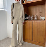 【Final Sale】Turtle Neck Slit Sweater+Knit Loose Fit Pants Set (include sweater+pants)