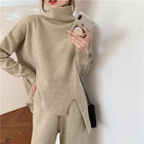 【Final Sale】Turtle Neck Slit Sweater+Knit Loose Fit Pants Set (include sweater+pants)