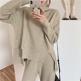 【Final Sale】Turtle Neck Slit Sweater+Knit Loose Fit Pants Set (include sweater+pants)