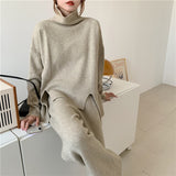 【Final Sale】Turtle Neck Slit Sweater+Knit Loose Fit Pants Set (include sweater+pants)