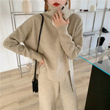 【Final Sale】Turtle Neck Slit Sweater+Knit Loose Fit Pants Set (include sweater+pants)