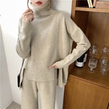 【Final Sale】Turtle Neck Slit Sweater+Knit Loose Fit Pants Set (include sweater+pants)