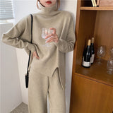 【Final Sale】Turtle Neck Slit Sweater+Knit Loose Fit Pants Set (include sweater+pants)