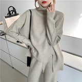 【Final Sale】Turtle Neck Slit Sweater+Knit Loose Fit Pants Set (include sweater+pants)