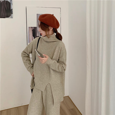 【Final Sale】Turtle Neck Slit Sweater+Knit Loose Fit Pants Set (include sweater+pants)