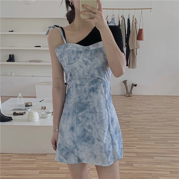 【Final Sale】Tie Dye Print Slit Dress+ Asymmetric Tee Top Match Set