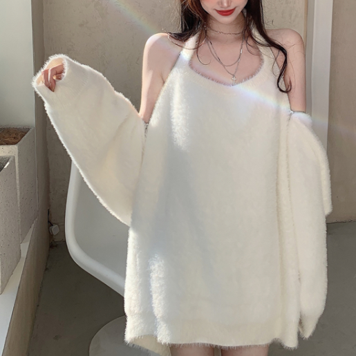 【Final Sale】Halter Style Fluffy Sweater Dress