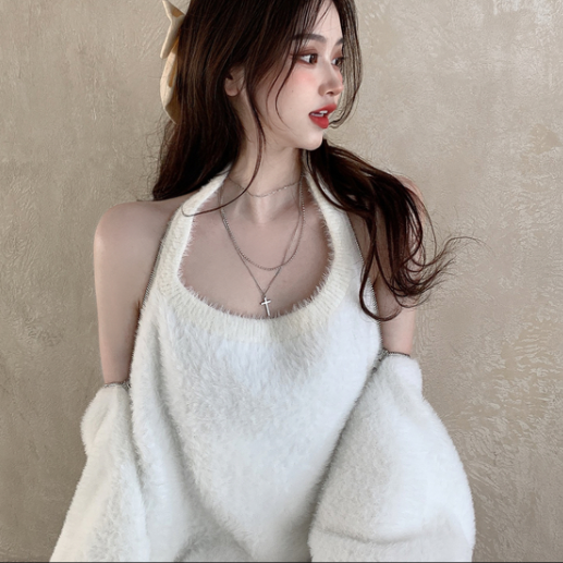 【Final Sale】Halter Style Fluffy Sweater Dress