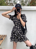 Korean Style Vintage Floral Print V Neckline Dress