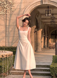 Square Neck Drapery Long White Dress