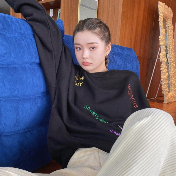 【Final Sale】Oversized Round Neck Colored Print Sweatshirt